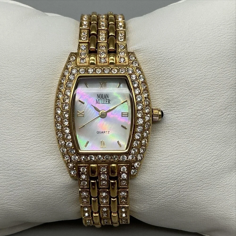 Nolan Miller Womens Watch 23mm MOP Dial Gold Tone Crystals New Battery 6.25